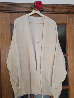 Dex - Open-Front Beige Knit Slouchy Cardigan w Pockets Size M